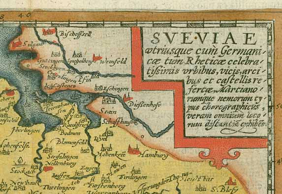 &nbsp;  "Sveviae vtriusque cum Germaniae tum Rheticae..." Copper etching by Davide Seltzelio for the atlas by Johann Bussemacher and Matthias Quad ( 1557-1613) in attractive modern hand coloring. Dated 1592.  For a 30% discount enter MAPS30 at chekout  This map is south oriented (south is at the top with Lake Constance-Bodensee). The Danube river "flows" into the map on the left cent edge. The river flowing from the upper left corner into the Danube is the Lech river with Augsburg on its banks. In the lower