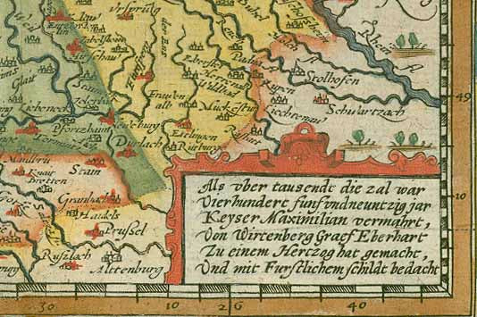 &nbsp;  "Sveviae vtriusque cum Germaniae tum Rheticae..." Copper etching by Davide Seltzelio for the atlas by Johann Bussemacher and Matthias Quad ( 1557-1613) in attractive modern hand coloring. Dated 1592.  For a 30% discount enter MAPS30 at chekout  This map is south oriented (south is at the top with Lake Constance-Bodensee). The Danube river "flows" into the map on the left cent edge. The river flowing from the upper left corner into the Danube is the Lech river with Augsburg on its banks. In the lower