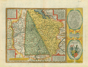 &nbsp;  "Sveviae vtriusque cum Germaniae tum Rheticae..." Copper etching by Davide Seltzelio for the atlas by Johann Bussemacher and Matthias Quad ( 1557-1613) in attractive modern hand coloring. Dated 1592.  For a 30% discount enter MAPS30 at chekout  This map is south oriented (south is at the top with Lake Constance-Bodensee). The Danube river "flows" into the map on the left cent edge. The river flowing from the upper left corner into the Danube is the Lech river with Augsburg on its banks. In the lower