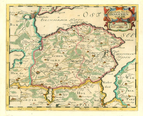 "Landtcarte Uon dem Daenischen Walde".&nbsp;Copper etching by Mejer-Husum, 1652. Modern hand coloring.  For a 30% discount enter MAPS30 at chekout&nbsp;  At the top of the map is the Ecklnforder Bay and in the lower right is the Kieler Bay and at the bottom Kiel. A very detailed map of the area.  Original antique map!