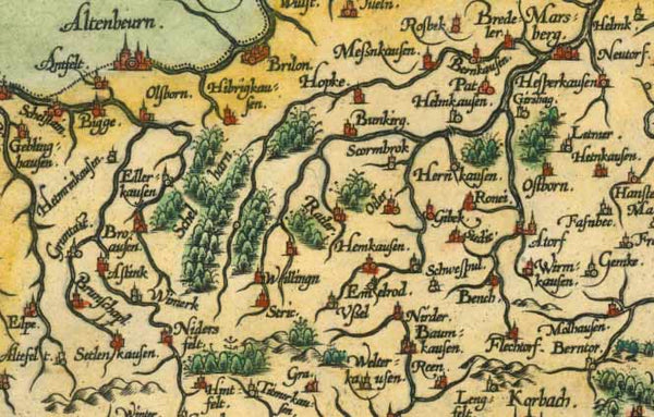 Original antique map of Germany, Hessen "Waldeccensis Comitatus Descriptio Accuratissima" Fine copper engraving map by Abraham Ortelius in Theatrum Orbis Terrarum" dated 1575. The map shows the Fuerstentum Waldeck made after the drawing by Justus Moers. Hand-colored decorative map that has no text on the reverse side.