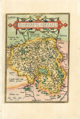 Original antique map of Germany, Hessen "Waldeccensis Comitatus Descriptio Accuratissima"  Fine copper engraving map by Abraham Ortelius in Theatrum Orbis Terrarum" dated 1575.  The map shows the Fuerstentum Waldeck made after the drawing by Justus Moers.  Hand-colored decorative map that has no text on the reverse side.