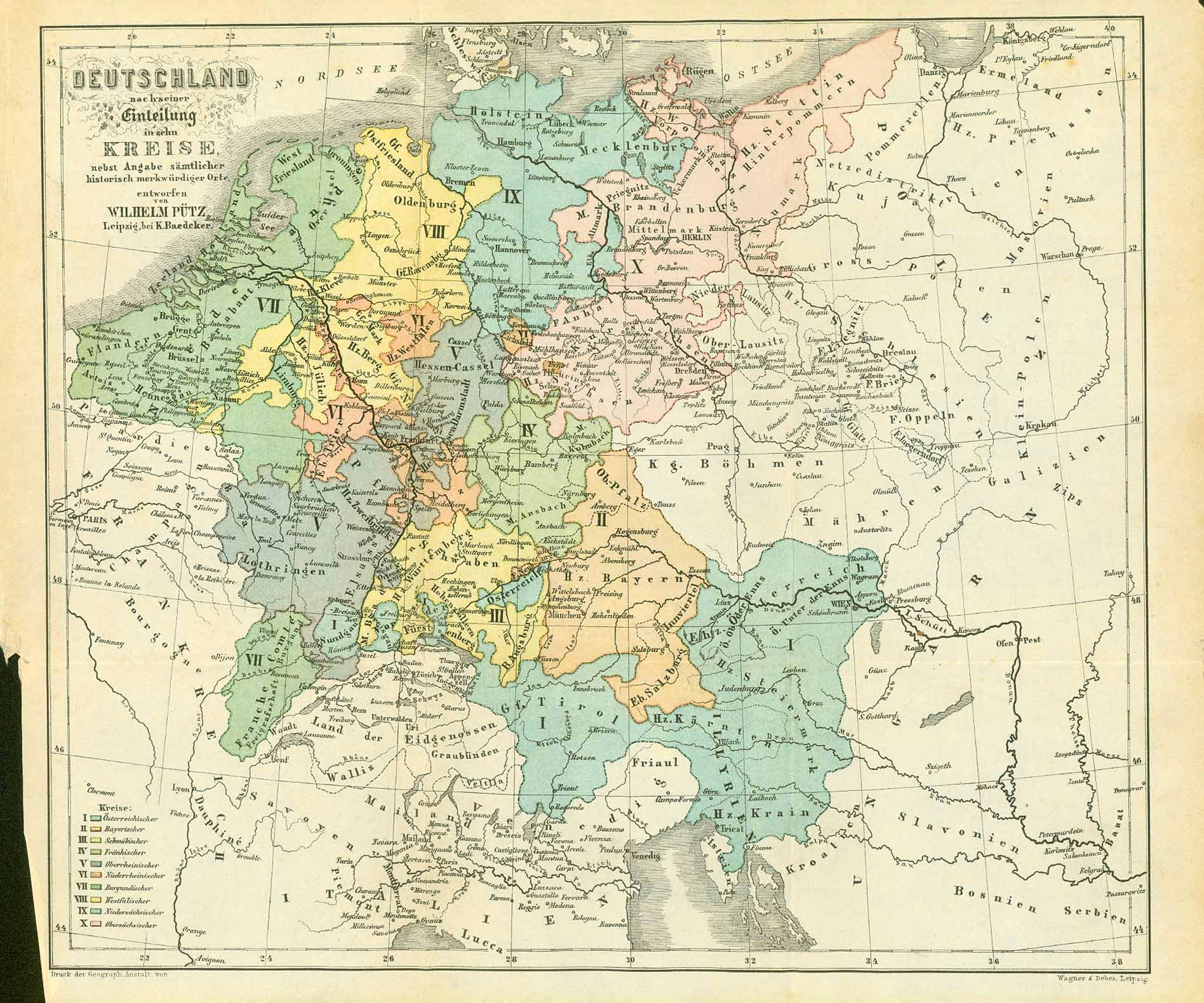 Original antique map. "Deutschland nach seiner Einteilung in zehn Kreise nebst Angabe saemtlicher&nbsp;historisch merkwuerdiger Orte entwuerfen von Wilhelm Putz Leipzig, bei Baedecker"  For a 30% discount enter MAPS30 at chekout&nbsp;  Historical map published 1892 by Wagner and Debes in Leipzig. 