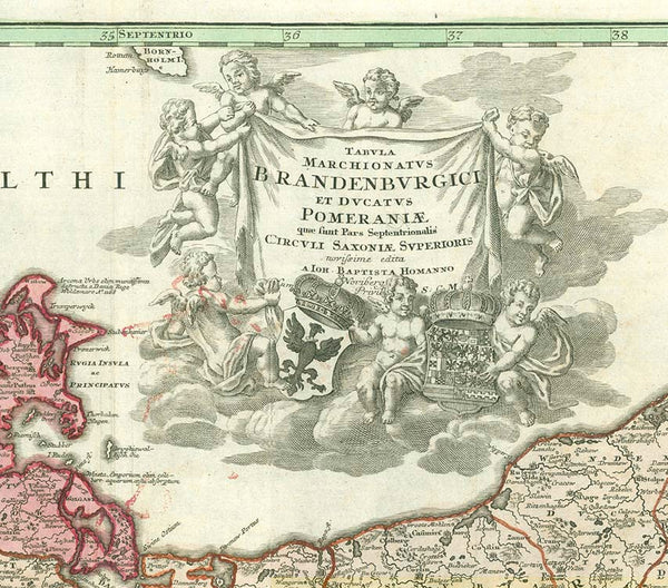 GERMANY, BRANDENBURG, POMMERN

&nbsp;For a 30% discount enter MAPS30 at chekout&nbsp;

"Tabula Marchionatus Brandenburgici et Ducatus Pomeraniae quae sunt Pars Septentrionalis Circuli Saxoniae Superioris"

Altkolorierte Kupferstichkarte bei Johann Baptist Homann

Nürnberg, 1723
