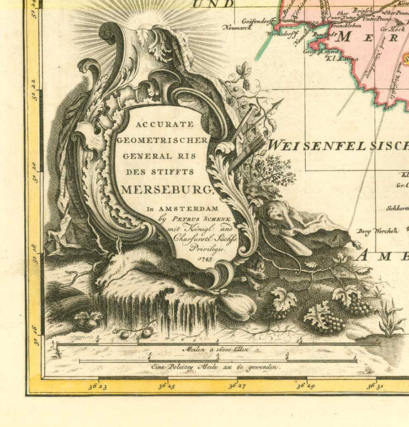 "Accurate Geometrischer General Ris des Stiffts Merseburg"

&nbsp;Germany, Alemania, Merseburg, Sachsen-Anhalt

For a 30% discount enter MAPS30 at chekout&nbsp;

Wunderschön altkolorierte Kupferstichkarte

von Petrus Schenk jr. (1693-1775)

Amsterdam, datiert 1745

Sehr detaillierte und dekorative Karte des südlichen Teils von Sachsen-Anhalt mit dem Verlauf der Saale von Dalitz bis Halle und der Gegend um Leipzig.

Links unten barocke Titelkartusche.