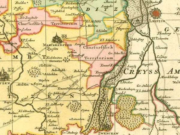 "Accurate Geometrischer General Ris des Stiffts Merseburg"

&nbsp;Germany, Alemania, Merseburg, Sachsen-Anhalt

For a 30% discount enter MAPS30 at chekout&nbsp;

Wunderschön altkolorierte Kupferstichkarte

von Petrus Schenk jr. (1693-1775)

Amsterdam, datiert 1745

Sehr detaillierte und dekorative Karte des südlichen Teils von Sachsen-Anhalt mit dem Verlauf der Saale von Dalitz bis Halle und der Gegend um Leipzig.

Links unten barocke Titelkartusche.