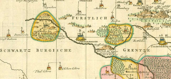 "Derer zu dem Thuringischen Creisse des Churfürstenthums Sachsen gehöhrigen Aemter Sachsenburg und Weissensee richtige Delineation nebst allen andern angrenzenden Gegenden. In Amsterdam by Petrus Schenk Privilegie 1753"

Altkolorierte Kupfertstichkarte

von Peter Schenk Jr. (1693-1775)

Amsterdam, 1753

Bestens erhaltene, detaillierte, wunderschön altkolorierte Karte von Weissensee und Sachsenburg und ihrer Umgebung. Die Karte reicht im Norden bis zum Kyffhäuser, im Osten bis Rastenberg, im Süden bis Erfurt