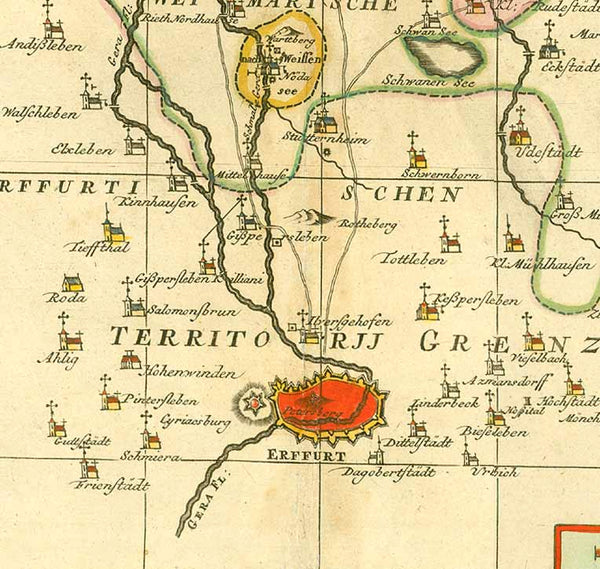 "Derer zu dem Thuringischen Creisse des Churfürstenthums Sachsen gehöhrigen Aemter Sachsenburg und Weissensee richtige Delineation nebst allen andern angrenzenden Gegenden. In Amsterdam by Petrus Schenk Privilegie 1753"

Altkolorierte Kupfertstichkarte

von Peter Schenk Jr. (1693-1775)

Amsterdam, 1753

Bestens erhaltene, detaillierte, wunderschön altkolorierte Karte von Weissensee und Sachsenburg und ihrer Umgebung. Die Karte reicht im Norden bis zum Kyffhäuser, im Osten bis Rastenberg, im Süden bis Erfurt