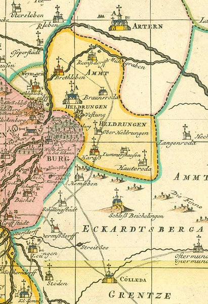 "Derer zu dem Thuringischen Creisse des Churfürstenthums Sachsen gehöhrigen Aemter Sachsenburg und Weissensee richtige Delineation nebst allen andern angrenzenden Gegenden. In Amsterdam by Petrus Schenk Privilegie 1753"

Altkolorierte Kupfertstichkarte

von Peter Schenk Jr. (1693-1775)

Amsterdam, 1753

Bestens erhaltene, detaillierte, wunderschön altkolorierte Karte von Weissensee und Sachsenburg und ihrer Umgebung. Die Karte reicht im Norden bis zum Kyffhäuser, im Osten bis Rastenberg, im Süden bis Erfurt