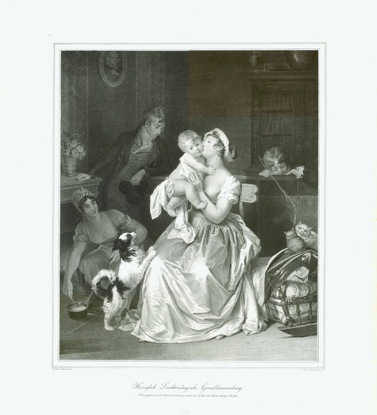 Original antique print , Motherhood - "Mutterschaft" (German for motherhood) is the official name of the painting which belongs to the Schleissheim Art Collection (Schleissheim is just north of Munich in Bavaria) Lithographed by Thomas Kammerer after the painting by Margerite Gerard (1761-1837) Munich, 1851 Original antique print A young noble family, wife and husband, with their two children and a maid. A Cavalier King Charles Spaniel dog (black variety) rising on the legs of the sitting motherr