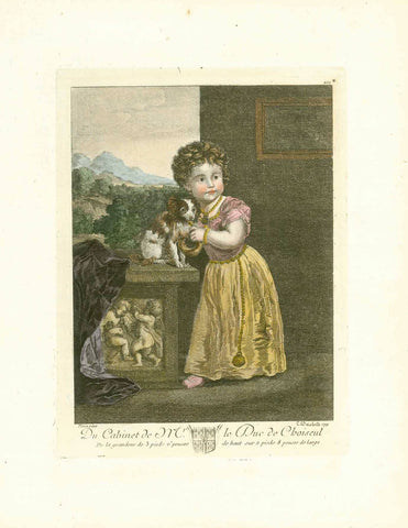 antique print, Little girl of noble family with her puppy Cavalier King Charles Spaniel  Hand-colored copper engraving by Carl Wilhelm Weisbrod (1743-1806)  After the painting by Tiziano Vecelli (Known as Titian or Tizian)  Published in the Cabinet de Monsieur le Duc de Choiseul" (Art Collection)  Paris, 1771  Original antique print  