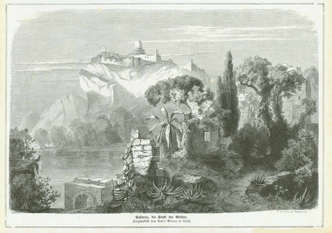 Antique print, "Sakarra, die Stadt der Graeber" (Egypt, Sakarra, the city of graves)  Wood engraving made after a painting by Emil Mann in Triest. Published 1861. On the reverse side is a partial article about Sakarra.  Original antique print  