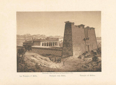 "Le Temple d'Edfu Tempel von Edfu Temple of Edfou" Anonymous lithograph printed in a very pleasant sepia tone. Published 1889. Included is an extra page of text in German about the Temple of Edfou. 10.5 x 14.5 cm ( 4.1 x 5.7 ")