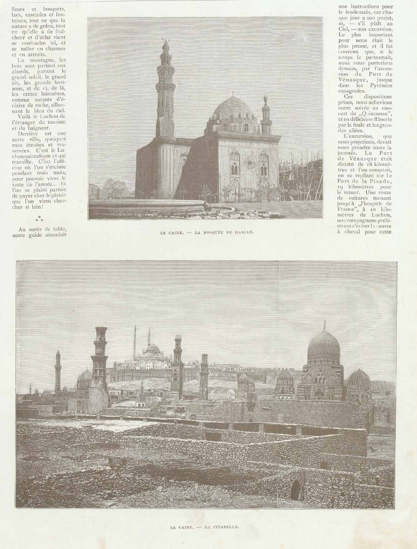 Original antique print  City Views, Egypt, Cairo, Hassan Mosque, Citadelle,Upper image: "Le Caire. - La Mosquee De Hassan" Lower image: " Le Caire. - La Citadelle"  Two wood engravings on a page of unrelated text published 1878.