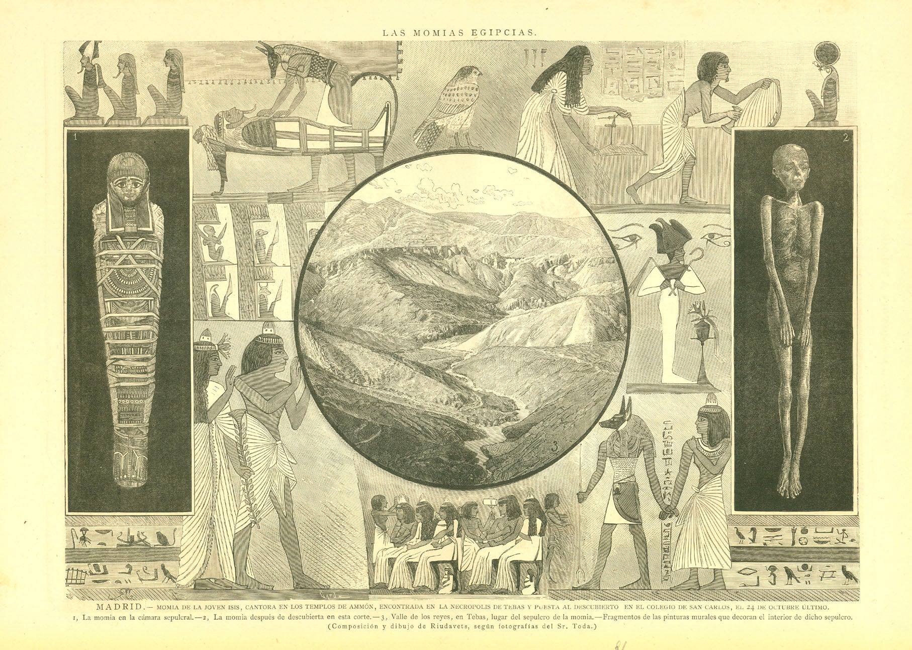 Original antique print  "Las Momias Egipcias"

"MADRID. - Momia De La Joven ISIS, Catora en los Templos De Ammón, Encontrada en la Necropolis de Tebas al Descubierto en el Colegio de San Carlos..."

Wood engraving composed and drawn by Riudavets after photographs by Sr. Toda.

Published 1886.
Ancient World, Egypt, Mummy