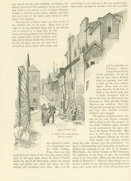 Original antique print City Views, England, Chester, Pierpoint Lane, Saint Olave, "In Pierpoint Lane: A Stairway Leadinbg To The Rows" Four-Page article titled "Chester" with wood engravings after Frank Murray 1885. On the reverse side of the second page is an image of "Bishop LLoyd's House and Watergate Rows". There is an engraving of "Bridge Street Row" on the third page and an engraving of "The Cloisters" on the fourth page.