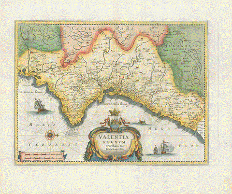 Original antique map, "Valentia Regnum. Costestani. Ptol. Edentani Plin."  West-oriented copper engraved map by Joan Blaeu (1596-1673)  For a 30% discount enter MAPS30 at chekout!  Hand-colored copper engraving.  Reverse side: Text in the English language  English language edition. Amsterdam, 1665  Original antique print    Map shows the province of Valencia (Spain). Decorative title cartouche, sailboats and a sea monster