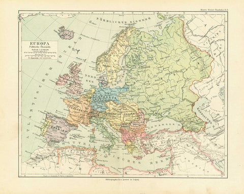 "Europa Politische Ubersicht"  Political map of Europe published 1892.  Original antique print 
