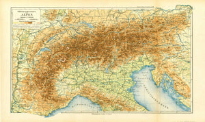 Original antique map, Europa, Europe, Alpen, Alpes, Alps, Capas de altitud, Altitude layers "Hoehenschichten des Alpen"  Map of the European Alps published in Leipzig 1892. 