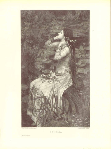 Original antique print  Ophelia, Hamlet, Shakespeare  "Ophelia" Fine engraving by James Dobie after a painting by J. W. Waterhouse ca 1900.