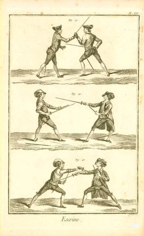 Original antique print  "Escrime" - Fencing

Copper etching by Prevost

Published in "Encyclopedie" von Denis Diderot (1713-1784)

und Jean-Baptiste le Rond d'Alembert (1717-1783) Paris, 1751-1780

Page Nr. 13 of the fencing sequence. Showing fencing positions 40,41,42
