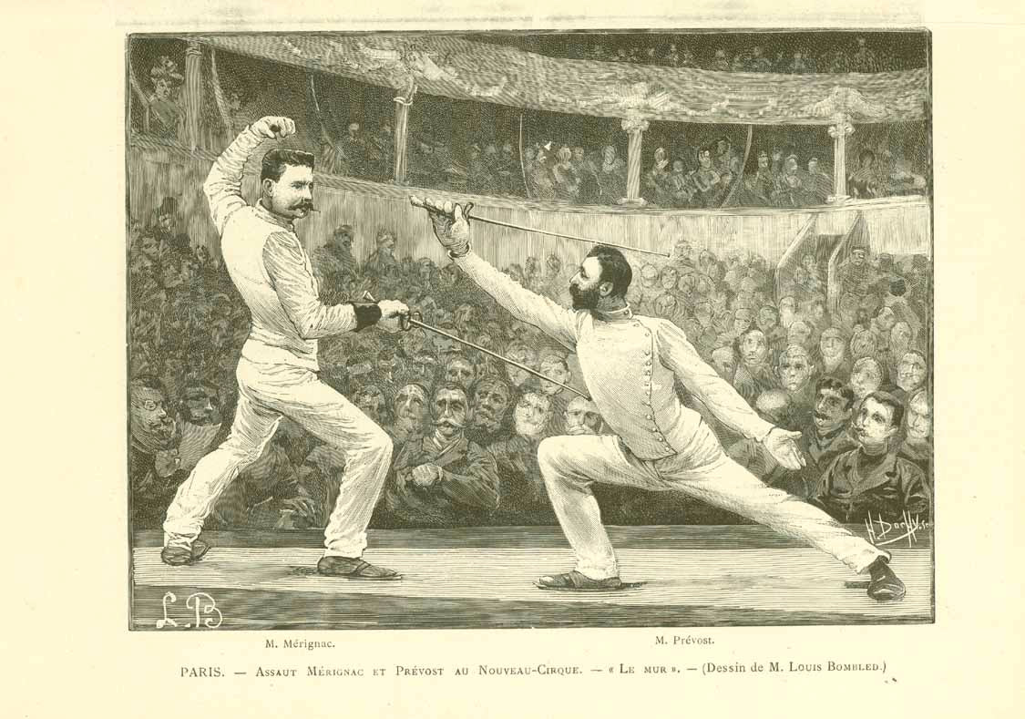 "Paris. - Assaut Merignac Et Prevost Au Nouveau-Cirque. -"Le Mur". "

Fencing

Wood engraving af Louis Bombled ca 1885.

Original antique print