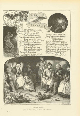 Original antique print  poetry poem, "A Black Night" Wood engraving after a drawing by W. J. Hennessy, published 1886. The simpathetic poem was written by William Allingham pertaining to a wayfarer who finds his way in the dark night.