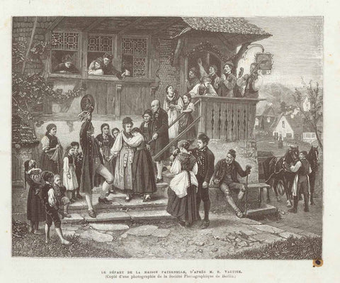 Original antique print  "Le Depart De La Maison Paternelle" (leaving the parent's home when getting married)  Wood engraving published 1878. Above and below the image is a short text about getting married in Germany and leaving the parental home.