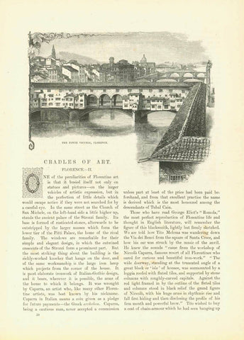 "The Ponte Vecchio, Florence"  Wood engraving on a page of text with article titled "Cradles of Art".  There are 3 separate pages of this article with 3 more images of Florence. Published ca 1890.  Price for the three pages