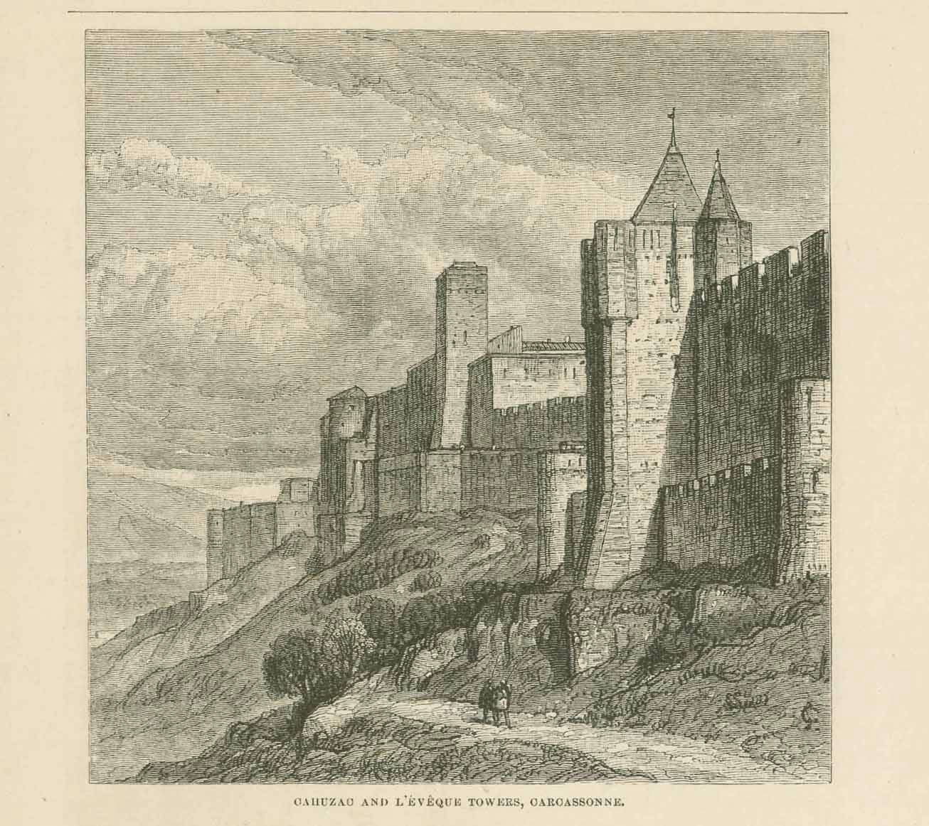 Antique print, Cahuzac and L'Eveque Tower, Carcasonne"  Image: 11 x 11 cm ( 4.3 x 4.3")  Reverse side: "Towers of Visigoth, and the Inquisition, Carcassone"  Page size; 21 x 13.5 cm (8.2 x 5.3")  Wood engravings on both sides of a page published ca 1870.