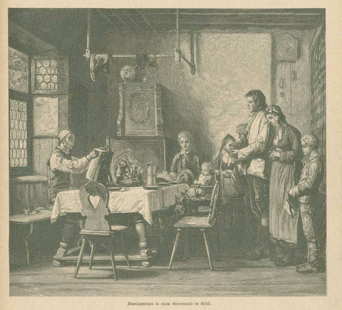 Original antique print  "Sonntagemorgen in einem Bauernhause im Elsass"  A scene in Alsace of a family listing to accordian music on Sunday morning.  Wood engraving ca 1880. Reverse side is printed with unrelated text. Overall natural age toning. Small repair on left margin edge.