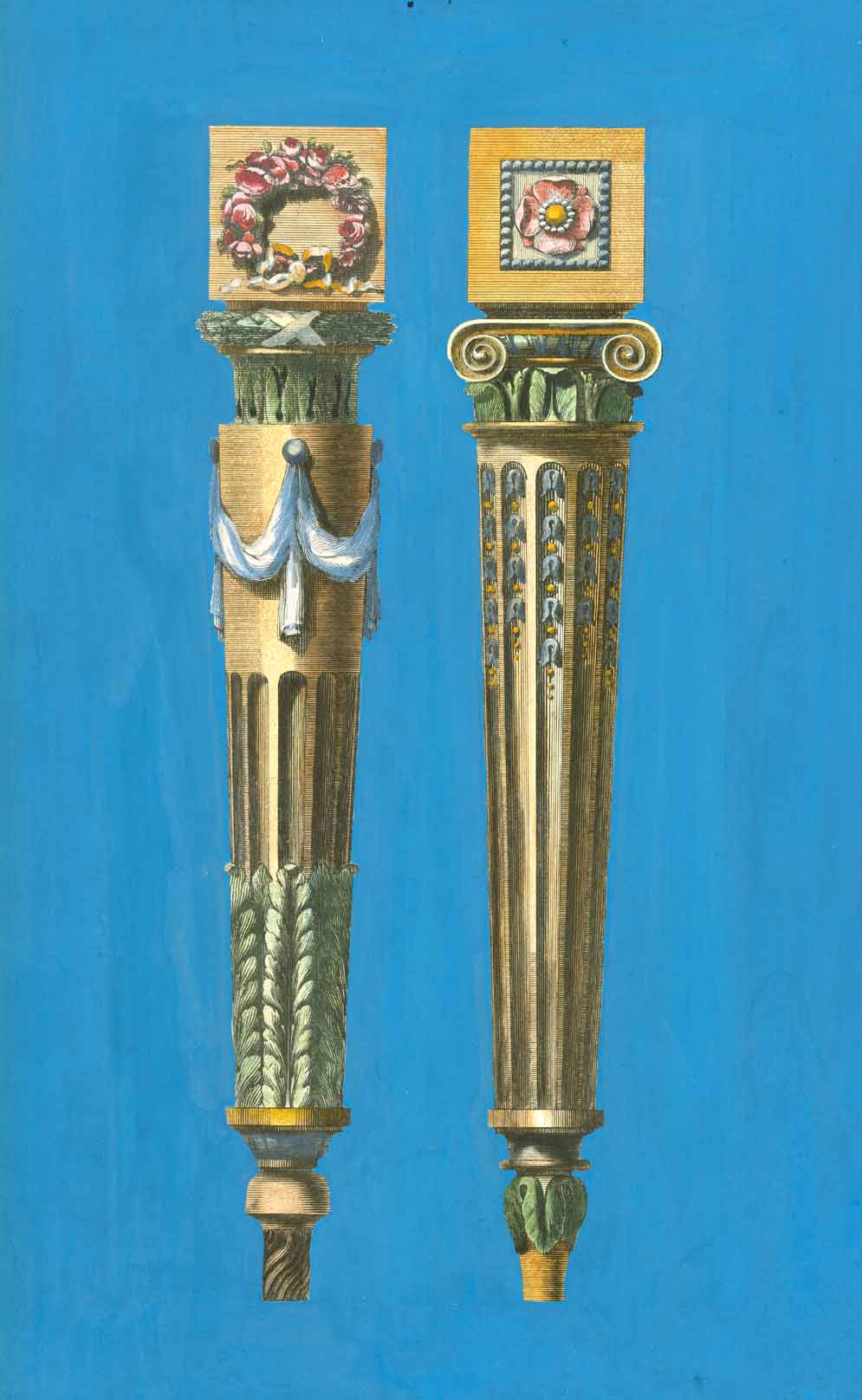 Original antique print  of Ornamented baroque table legs.

Hand-colored copper etching by Jacques Francois Cherau (1742-1794)

Published in "Ameublement". Paris, 1771

Jean Charles de la Fosse (1734-1789)

Paris, 1769
