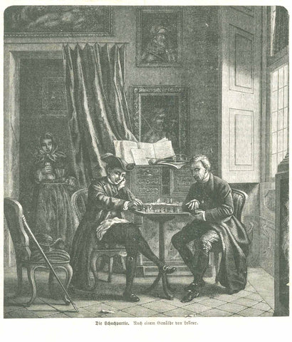 Original antique print  "Die Schachpartie"  Chess  Wood engraving after a painting by Lelleur, published 1865.  Original antique print  