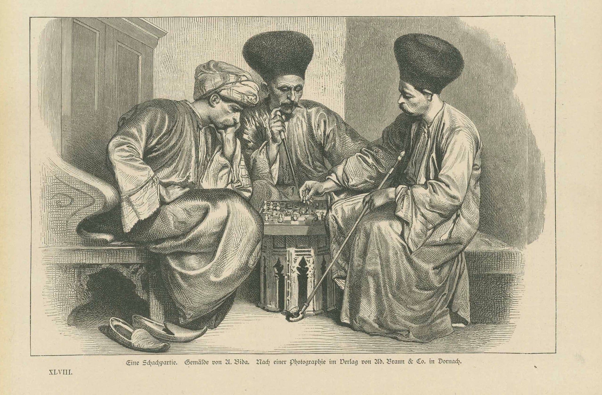 Antique print, "Ein Schachpartie"  Schach, Chess, Echecs, Ajedrez, Alexandre Bida  Wood engraving made after a photograph of the painting by Alexandre Bida, 1881.  Original antique print  