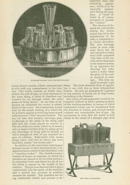 "Marble Draught Stand"  3 Separate-page article titled: "Soda Water: What it is and How it is made"  4 separate wood engravings on 3 pages with text about soda water, Published ca 1875.  Original antique print  