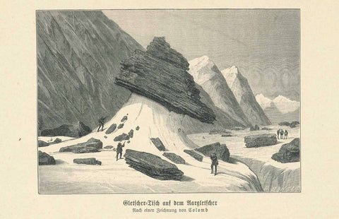 Antique print, "Gletscher-Tisch auf dem Aargletscher"  Wood engraving made after a drawing by Colomb ca 1900.  Original antique print  