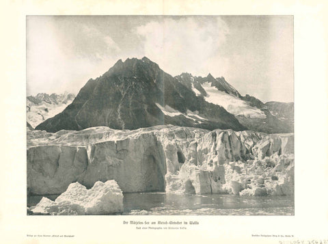 "Der Maerjelen-See am Aletsch-Gletscher im Wallis"  Glacier, Maerjelen See, Wallis  Print made after a photograph by Vittorio Sella ca 1900.  Original antique print  