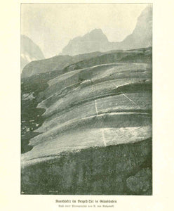 Original antique print  Geology, "Rundhoecker im Bergell-Tal im Graubuenden"  Wood engraving made after a photograph ca 1900.