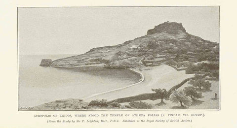Original antique print  "Acropolis Of Lindos, Where Stood The Temple Of Athena Polias (v: Pindar, VII. Olymp."  Greece, Lindos, Temple of Athena Polis  Wood engraving made after a study by Sir F. Leighton published 1886.