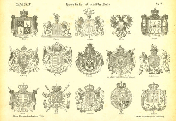 Heraldry, Flags

Wappen europaeischer und aussereuropaeischer Staaten"

Page printed on both sides showing European and Non-European coats of arms.

Published ca 1890.

Original antique print&nbsp;