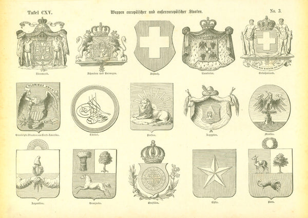Heraldry, Flags

Wappen europaeischer und aussereuropaeischer Staaten"

Page printed on both sides showing European and Non-European coats of arms.

Published ca 1890.

Original antique print&nbsp;