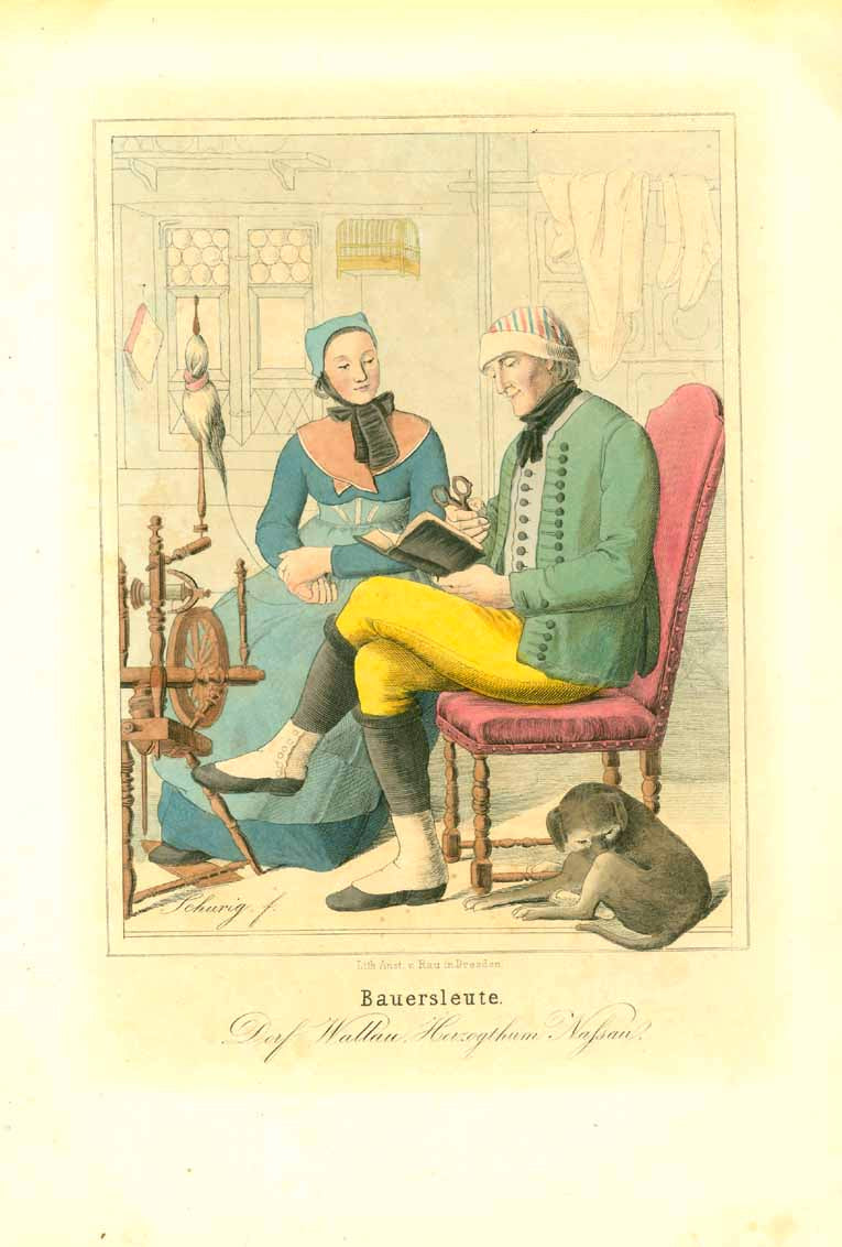 Original antique print  "Bauersleute"

"Dorf Wallau, Herzogthum Nassau"

Lithograph by Schurig. Original hand coloring.

Published 1847.

