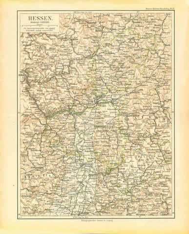 Original antique print  Historical Map "Hessen"  Very detailed map of Hesse. Published 1892 by the Bibliographisches Institut in Leipzig.