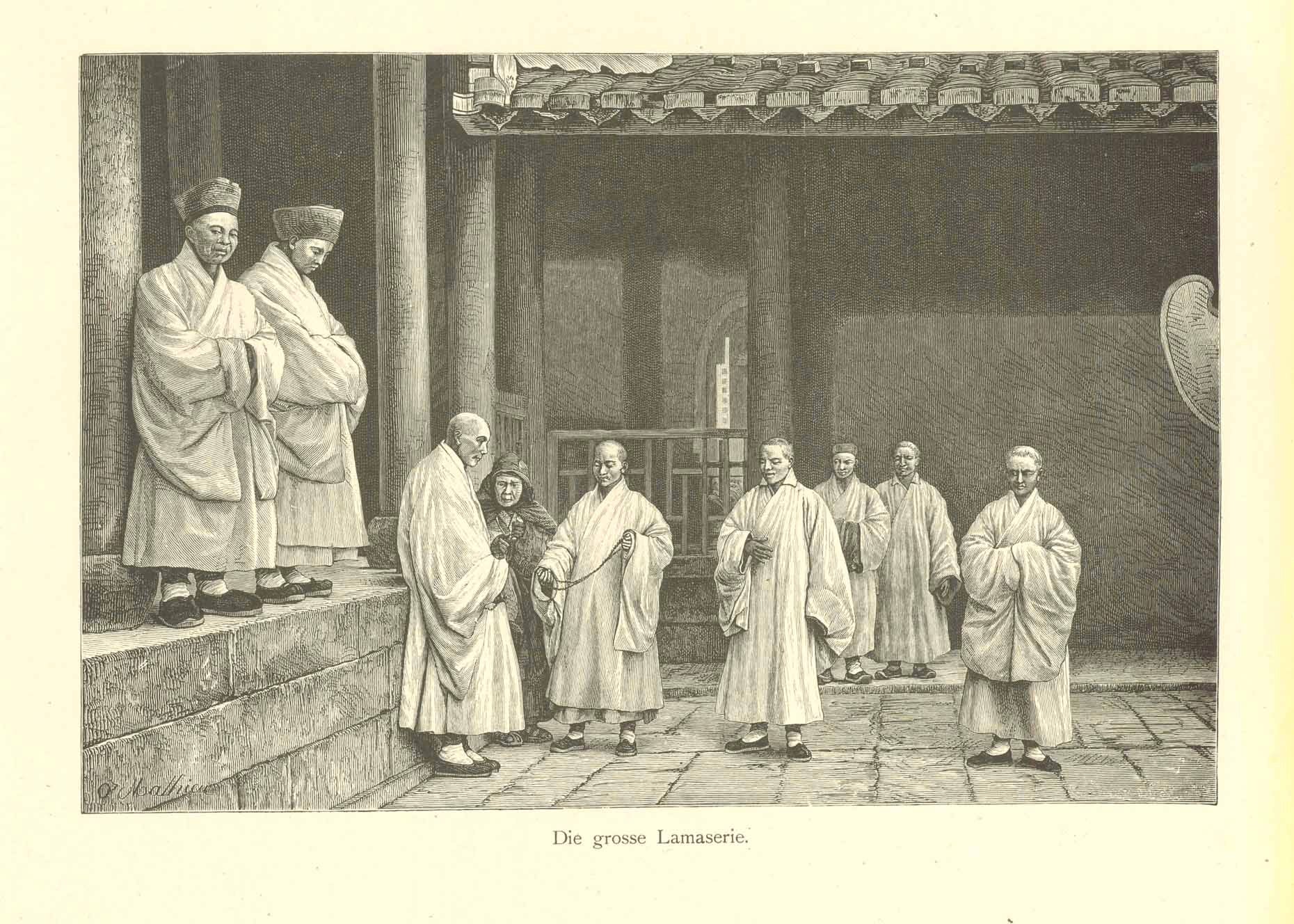 Peoples, Religious, Buddhism, Himalaya, Tibet, Lama, Dharma, Monks "Die grosse Lamaserie"  Wood engraving published ca 1890. 