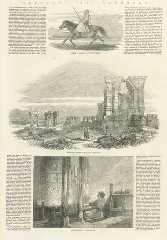 Original antique print  "Sketches in Cashmere"  Peoples, Animals, Archeology, Pakistan, Tatar, Yakund Pony, Islamabad, Himalaya, Kashmir, Cashmere  3 Wood engravings on one Page  Very good condition. Related text print on the side  Published in London, 1857