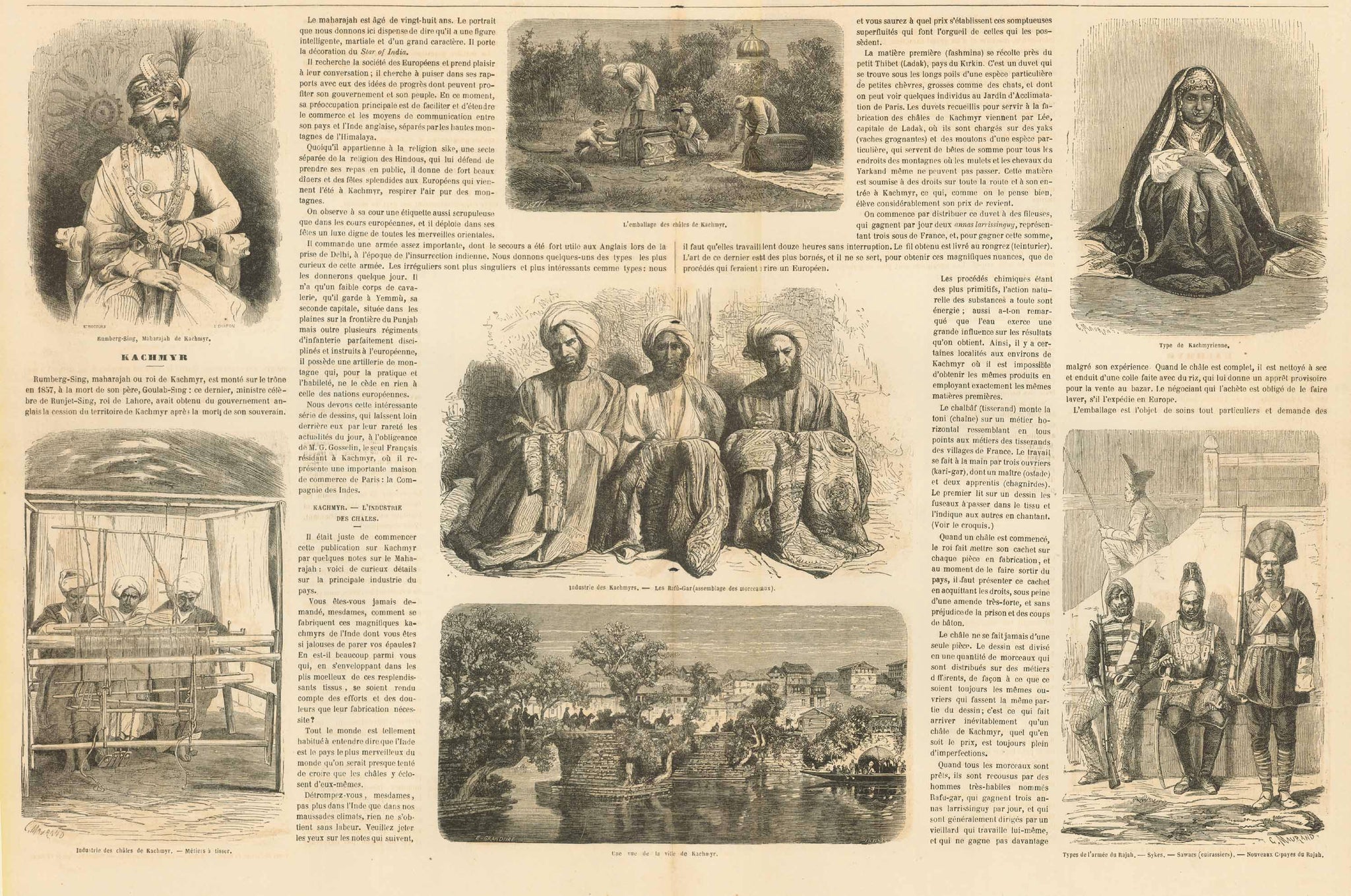 Original antique print  Himalaya, Kashmir, Weavers of scarfs, Soldiers, Woman so Kashmir, Maharaja, Hindoo, Hindu "Kachmyr" - Kashmir  7 wood engravings on a double page  Clean and well preserved with a center fold. Reverse side with unrelated test print  Published in Paris, 1867