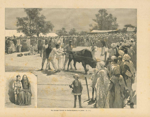 Original antique print  Himalaya, Nepal,Ein jaehrliches Opferfest der Gurkha-Regimenter in Indien"  Yearly festival of ritual sacrifice of Gurkha soldiers (of Nepal) in the service of Indian forces.  Wood engraving. Published in a German publication. 1888