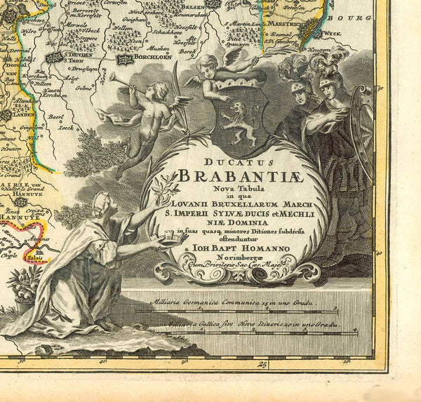 "Ducatus Brabantiae"

Copper etching by Johann Baptist Homann (1663-1724). Published ca 1720. Original hand coloring.

For a 30% discount enter MAPS30 at chekout&nbsp;

In the center of the map is the region of Brabant and the town of Herentals. Right above the title cartouche is Maastricht. In the lower left is Mons. In the upper right is Ravenstein and Ratenberg. Atwerpen Brussels and Mechelin are on the map.