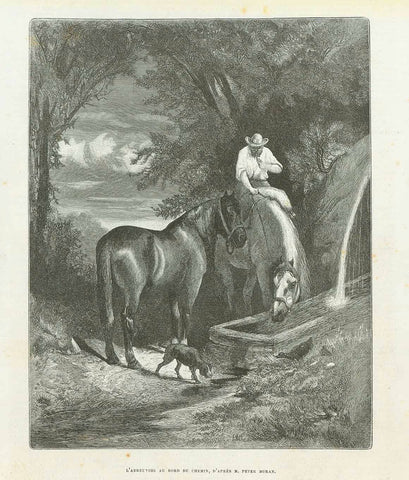 "L'Abeuvoir Au Bord Du Chemin"

Horses, Dogs

Wood engraving made after Peter Moran. Published 1878.

On the reverse side is unrelated text.

Original antique prin
