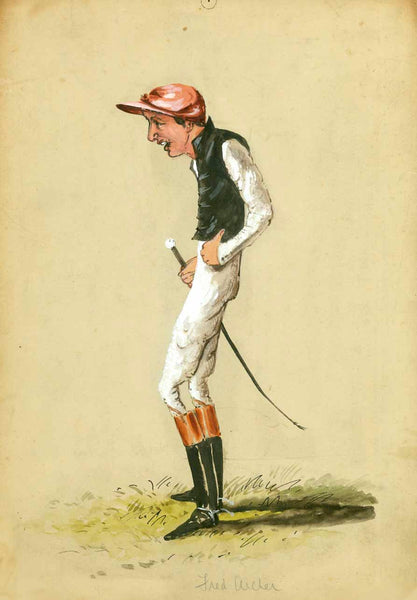 No title.

Portrait Fred Archer (1857-1886). He was an English flat race jockey in Victorian times. His nickname was "The Thin Man", and his attribute was "the best all-round jockey the world has ever seen. He won 13 Champion Jockey titles, had 246 wins on his best season and 2748 race wins in his career. This exceptional jockey had a sad fate. He lost his beloved wife during child birth and took his own life at age 29.

Name of jockey - Fred Archer - below figure in pencil.

This anonymous water color cari